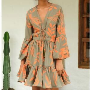 Andres Otalora Naranjal Green and Orange Floral Flutter Hem Mini Dress• Size 4